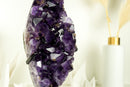 Hoher Amethyst-Cluster mit großem violetten Amethyst-Drusenstein (AAA) und goldenem Goethit