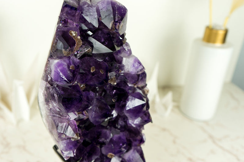 Tall Amethyst Cluster with AAA Large Purple Amethyst Druzy and Golden Goethite