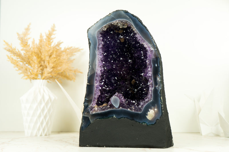 Dunkelviolette Amethyst-Geode mit Spitzenachat und AAA-Traubengelee-Amethyst-Druzy