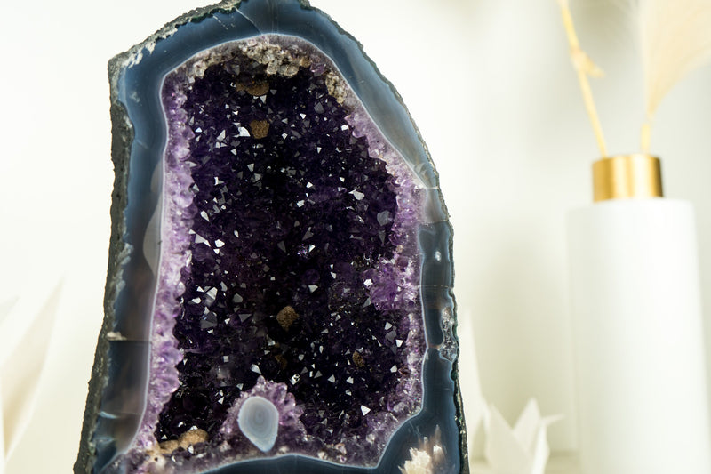 Dunkelviolette Amethyst-Geode mit Spitzenachat und AAA-Traubengelee-Amethyst-Druzy