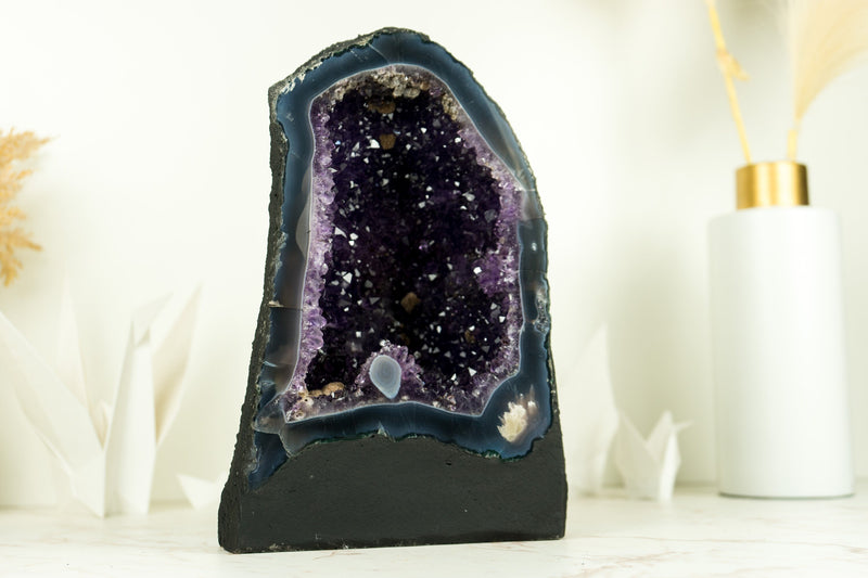 Dunkelviolette Amethyst-Geode mit Spitzenachat und AAA-Traubengelee-Amethyst-Druzy