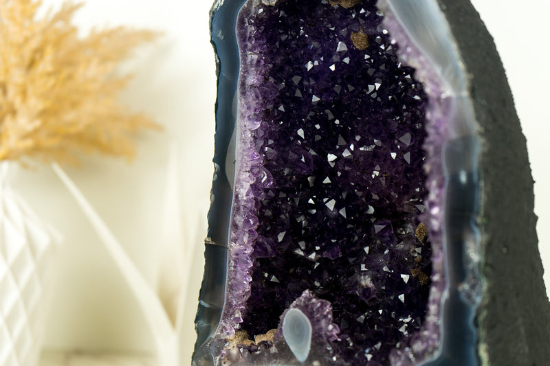 Dunkelviolette Amethyst-Geode mit Spitzenachat und AAA-Traubengelee-Amethyst-Druzy