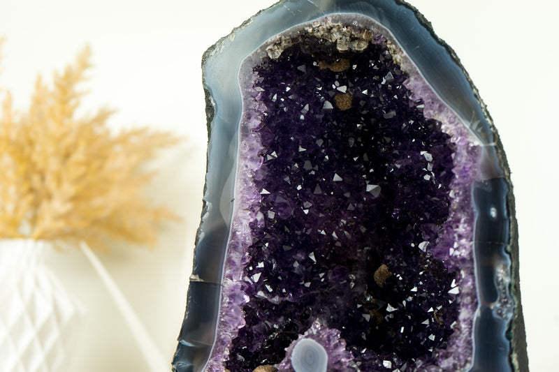 Dunkelviolette Amethyst-Geode mit Spitzenachat und AAA-Traubengelee-Amethyst-Druzy