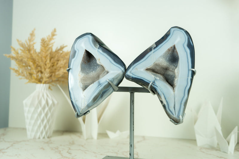 Wunderschöne Schmetterling blaue Spitze Achat Geode mit Amethyst Galaxy Druzy