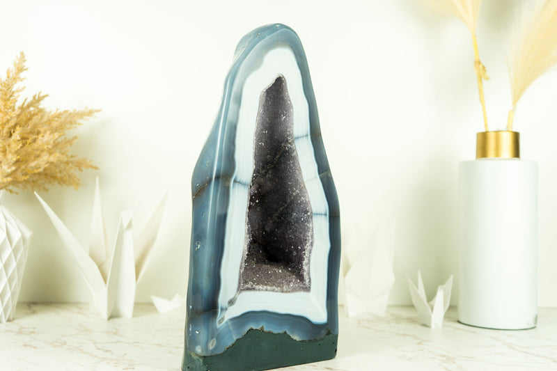 Exceptional White Lace Agate Geode with Galaxy Amethyst Druzy