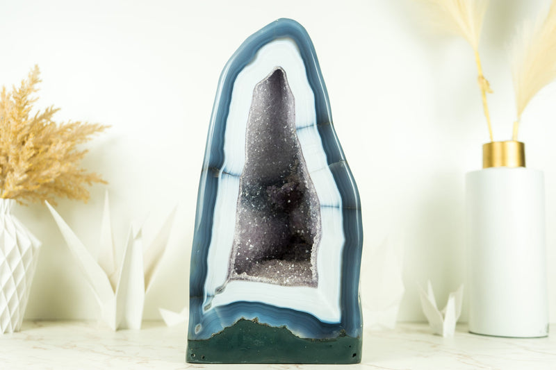 Exceptional White Lace Agate Geode with Galaxy Amethyst Druzy