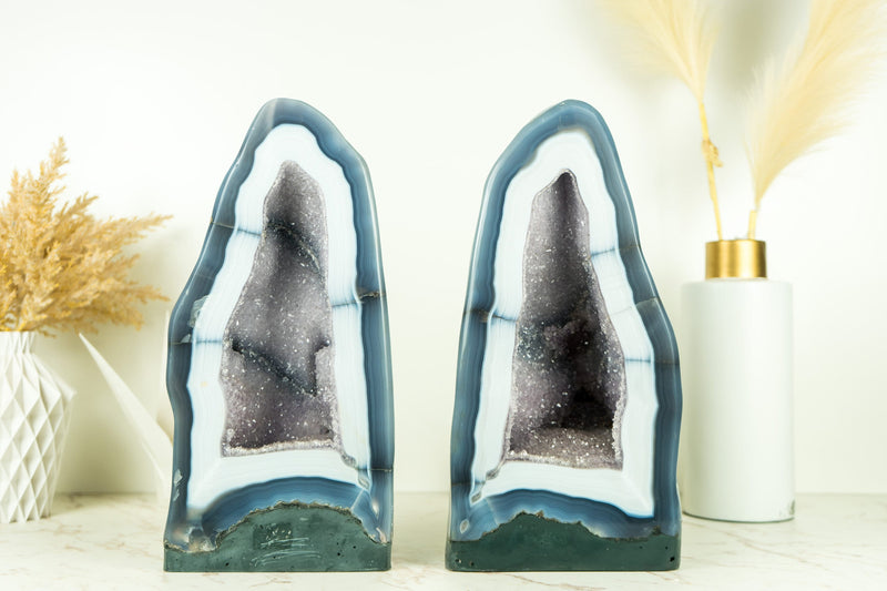 Pair of Rare White Lace Agate Geodes with Galaxy Amethyst Druzy and Polished Back