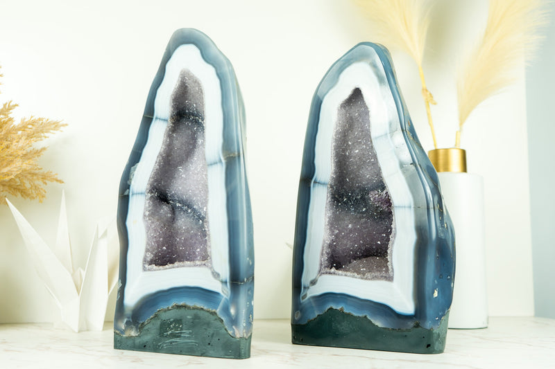 Pair of Rare White Lace Agate Geodes with Galaxy Amethyst Druzy and Polished Back