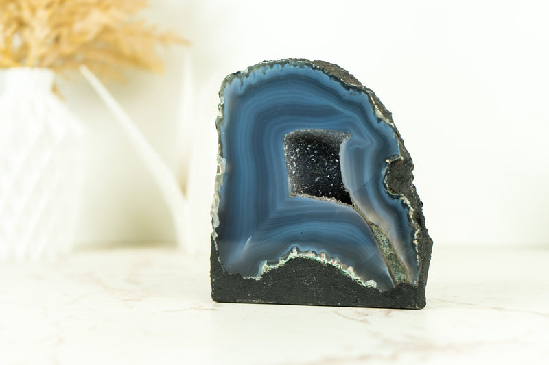 Small Natural Dark Blue Lace Agate Geode with Blue Agate Bands, Ethically Sourced