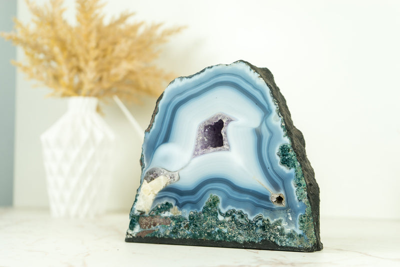 Small White and Blue Lace Agate Geode with Gorgeous Lines and Moss Agate Inclusions