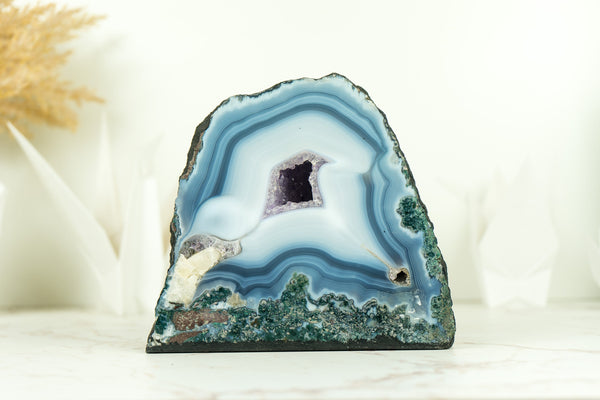 Small White and Blue Lace Agate Geode with Gorgeous Lines and Moss Agate Inclusions