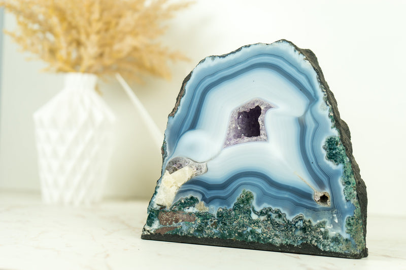 Small White and Blue Lace Agate Geode with Gorgeous Lines and Moss Agate Inclusions