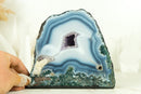 Small White and Blue Lace Agate Geode with Gorgeous Lines and Moss Agate Inclusions