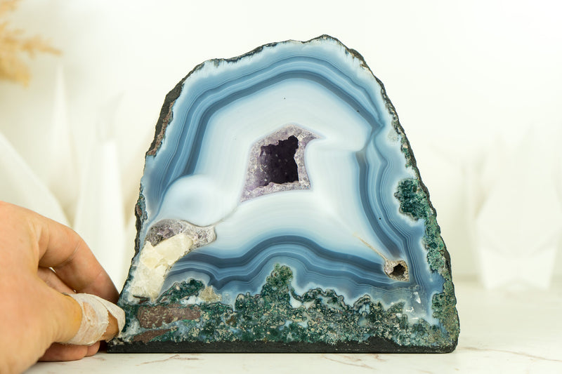 Small White and Blue Lace Agate Geode with Gorgeous Lines and Moss Agate Inclusions
