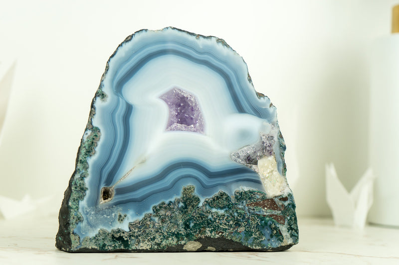Small Natural White and Blue Lace Agate Geode with Moss Agate Inclusions