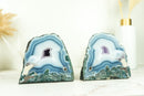 Pair of Small, Natural White and Blue Lace Agate Geodes with Moss Agate Inclusions