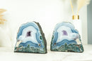 Pair of Small, Natural White and Blue Lace Agate Geodes with Moss Agate Inclusions