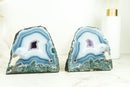 Pair of Small, Natural White and Blue Lace Agate Geodes with Moss Agate Inclusions