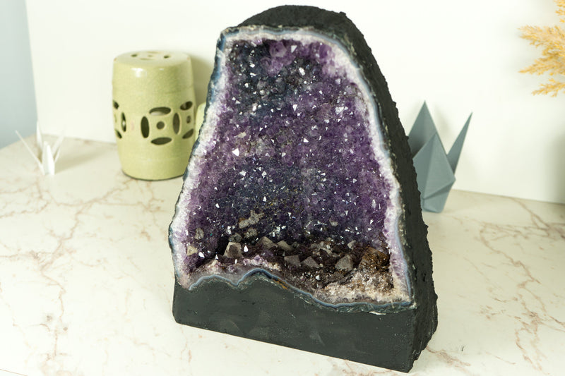 Rare Amethyst Cathedral Geode on Banded Agate, with Purple Amethyst with Golden Goethite
