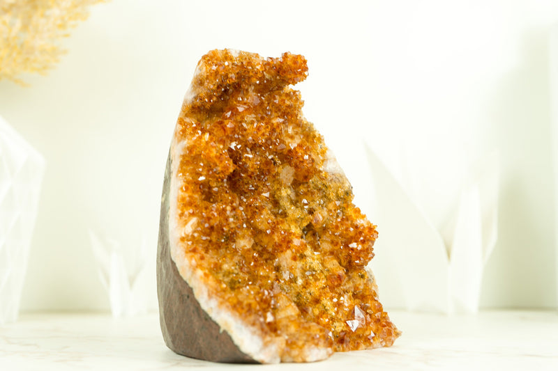 Gorgeous Citrine Cluster with Rare Stalactite Flowers and Deep Orange Galaxy Druzy