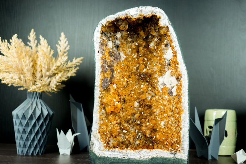 Gorgeous Citrine Crystal Geode with Flowers, Calcite, and Galaxy Druzy