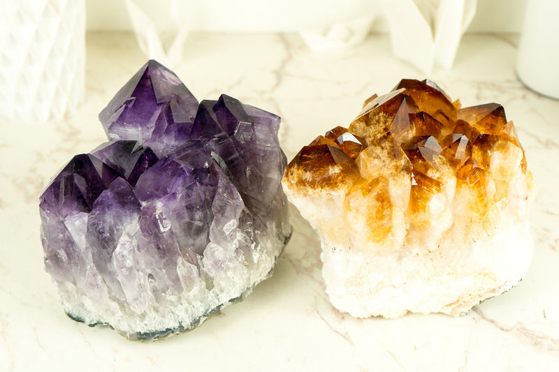 Set of X-Large Amethyst and Citrine Clusters, AAA Quality - Natural, Deep Purple and Orange Colors