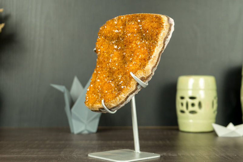 Rare Orange Citrine Cluster with Rosette Flowers (Stalactite) and Galaxy Druzy