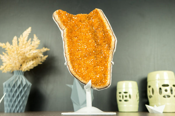 Rare Orange Citrine Cluster with Galaxy Druzy on Stand