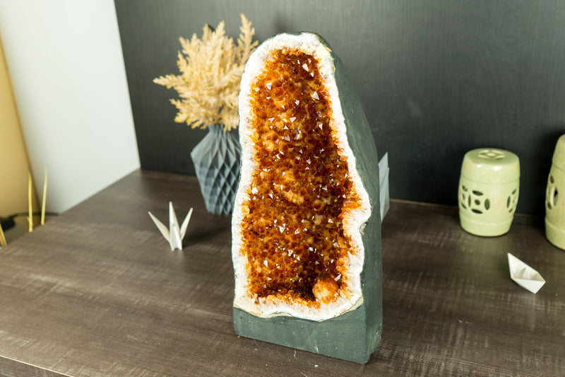 Rare Citrine Geode Cathedral with AAA Dark Citrine Druzy and Flower Rosette Stalactites