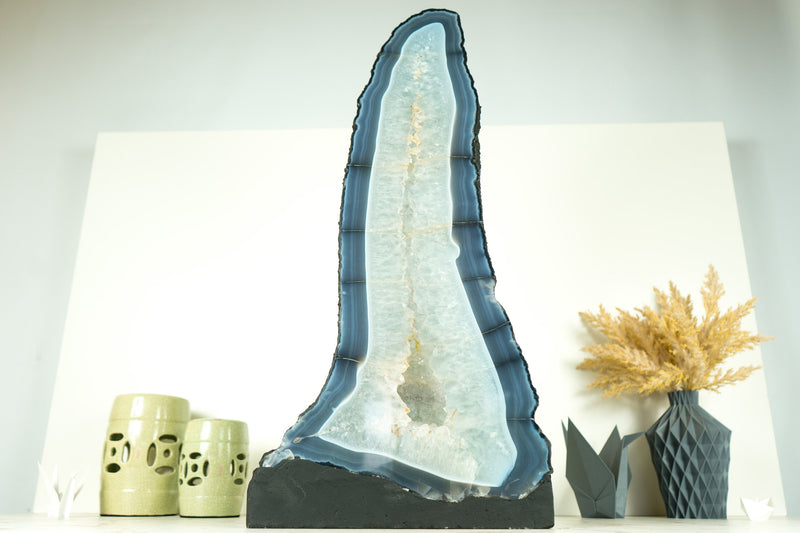 Tall Blue Lace Agate Geode Cathedral with Banded Agate and Clear Amethyst