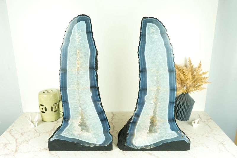 Pair of Tall Blue Lace Agate Geode Cathedrals with Banded Agate and Amethyst Crystal