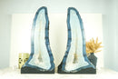 Pair of Tall Blue Lace Agate Geode Cathedrals with Banded Agate and Amethyst Crystal