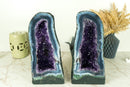 Book-Matching Pair of Rare White and Blue Lace Agate with Deep Purple Amethyst Geodes