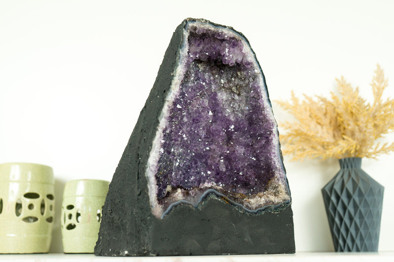 Rare Amethyst Cathedral Geode on Banded Agate, with Purple Amethyst with Golden Goethite