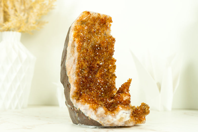 Rare Small Citrine Cluster with Stalactite Flowers and Orange Madeira Galaxy Druzy
