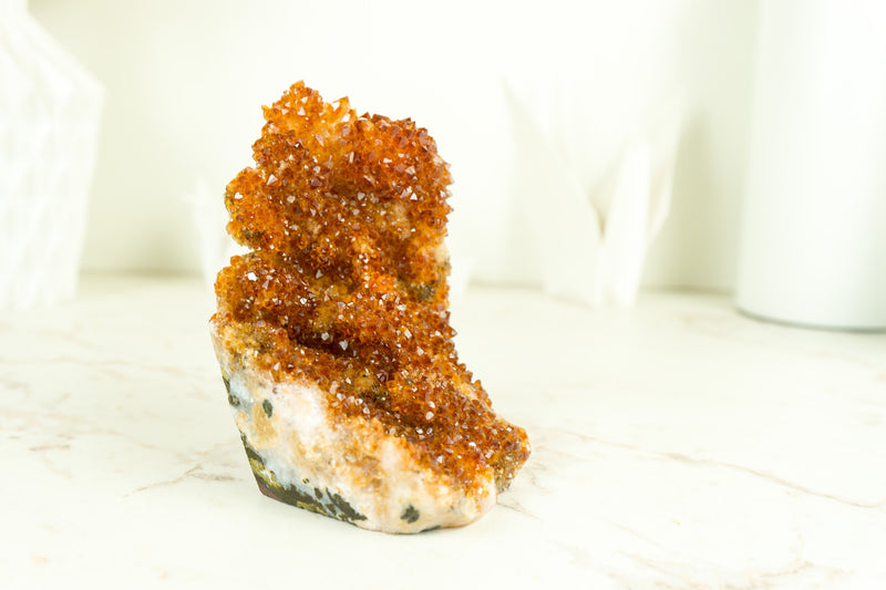 Rare Small Citrine Cluster with Stalactite Flowers and Deep Orange Galaxy Druzy