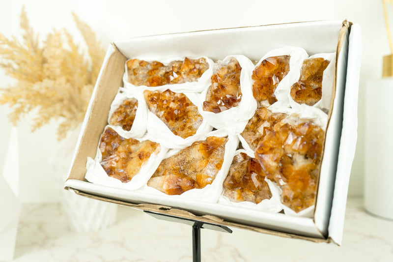 Wholesale Small Super Extra Quality Citrine Clusters Flat Box - Deep Orange Citrine, Wholesale Bulk - 1012g - 2.2 lb - E2D Crystals & Minerals