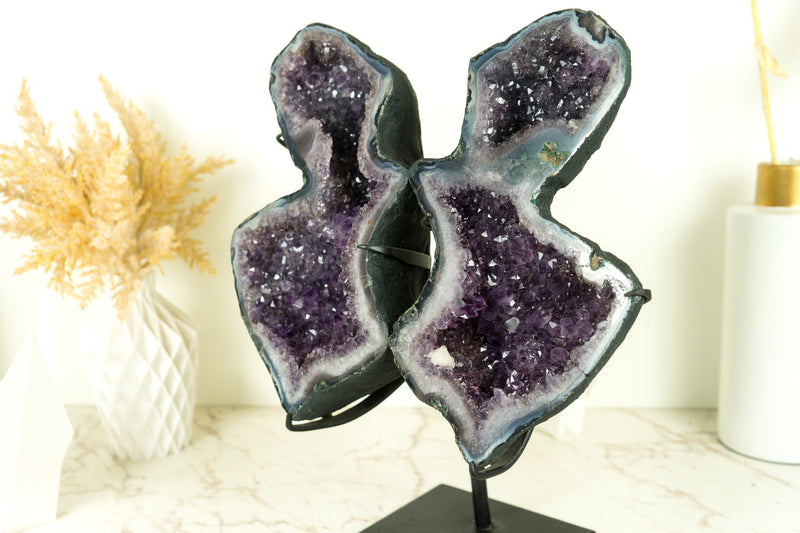 Wunderschöne Amethyst Geode Schmetterling Engel Flügel mit lila Amethyst Druzy und Achat Matrix