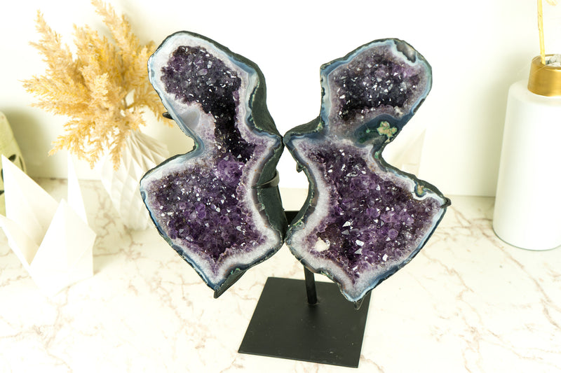 Wunderschöne Amethyst Geode Schmetterling Engel Flügel mit lila Amethyst Druzy und Achat Matrix