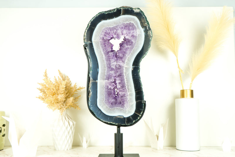 Große, hohe Scheibe aus Spitzenachat mit Lavendel-Amethyst-Druse