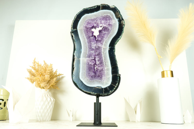 Große, hohe Scheibe aus Spitzenachat mit Lavendel-Amethyst-Druse