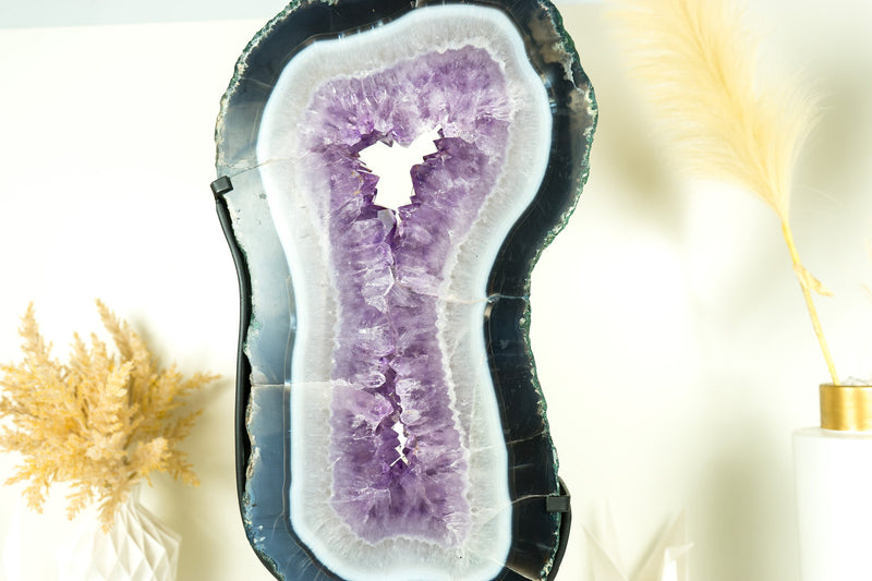 Große, hohe Scheibe aus Spitzenachat mit Lavendel-Amethyst-Druse