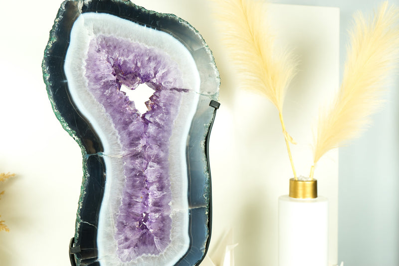 Große, hohe Scheibe aus Spitzenachat mit Lavendel-Amethyst-Druse