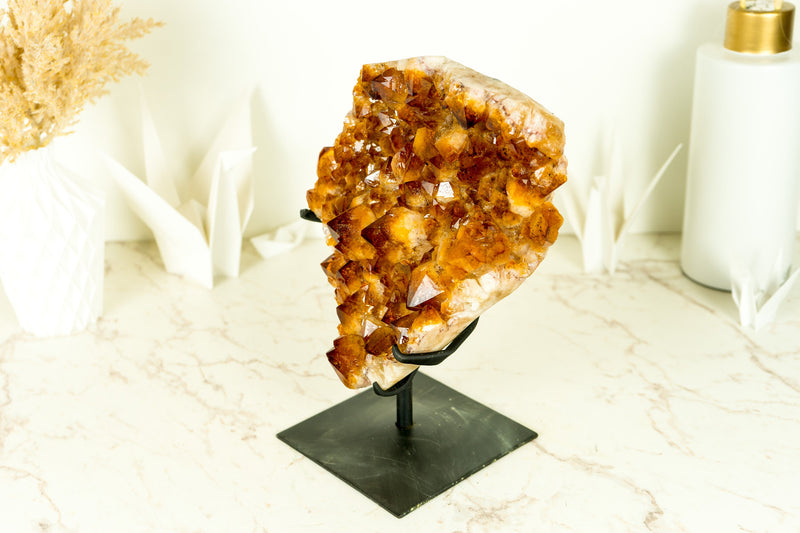 Natural Citrine Cluster with AAA, Large Madeira Orange Citrine Druzy on Stand