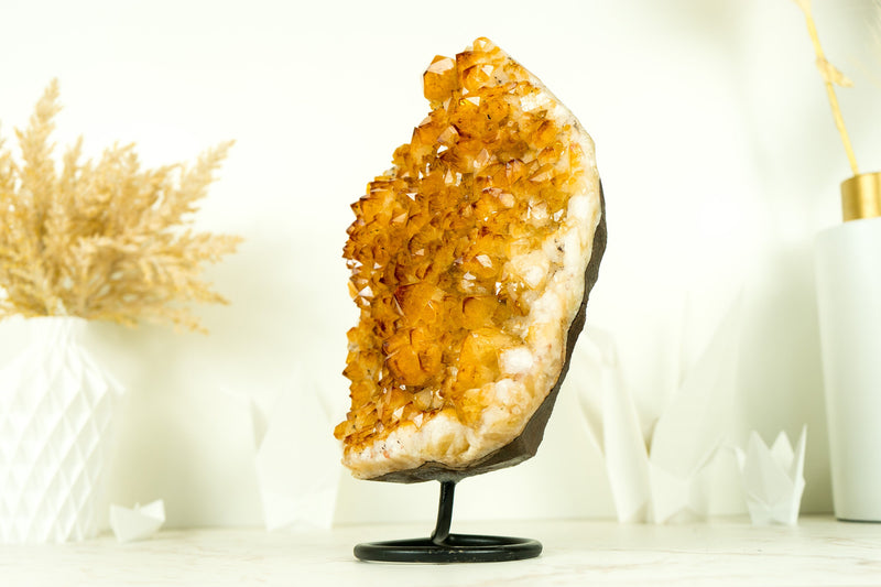 Gorgeous Rich Yellow Citrine Cluster with Rosette Flowers Druzy on Stand