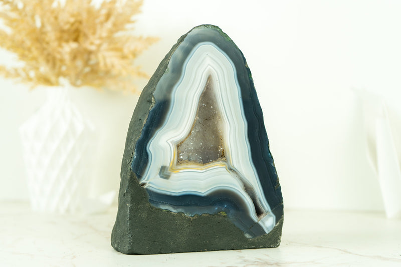 Gorgeous Blue and White Lace Agate Geode with White Galaxy Druzy