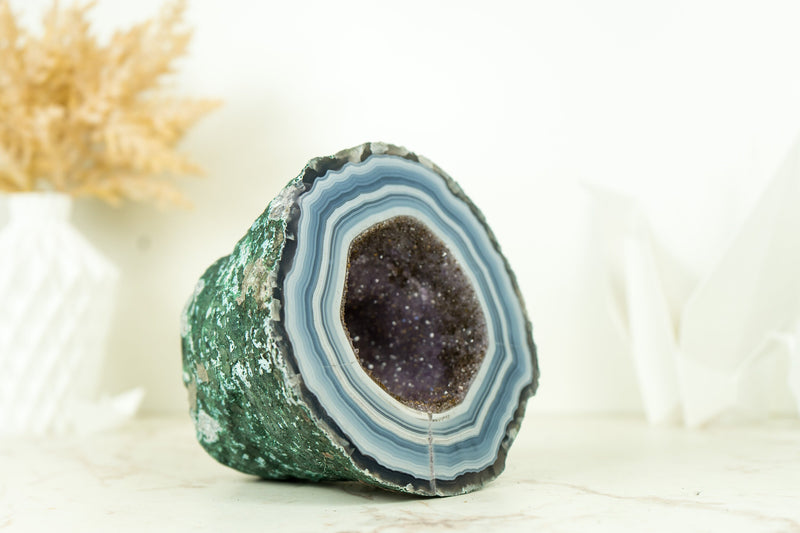 Small Agate Geode with World-Class Blue Banded Agate and Galaxy Druzy, Ethically Sourced