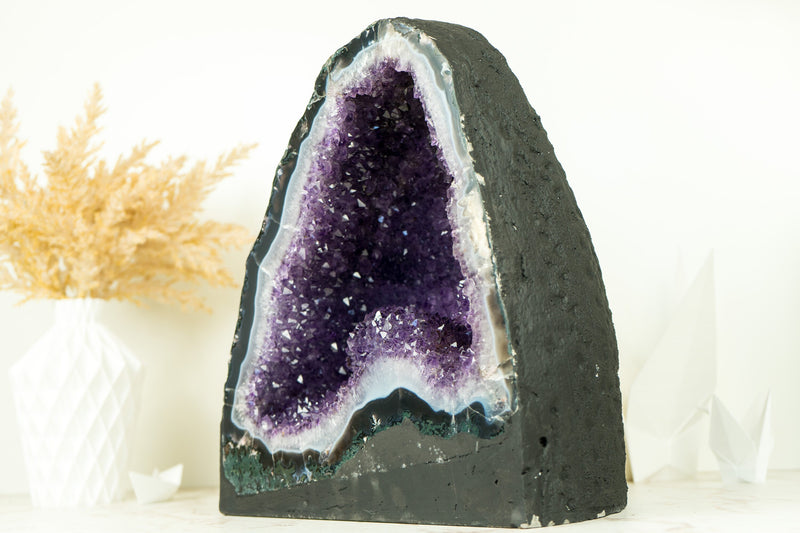 Agate with Amethyst Geode Cathedral with Flower Rosettes and Banded Agate