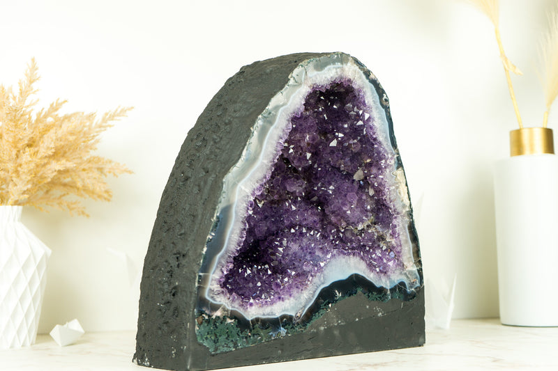 Agate with Amethyst Geode Cathedral with Flower Rosettes and Banded Agate