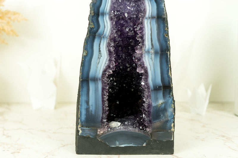 Rare Sea Blue Lace Agate Cathedral with Deep Purple Amethyst